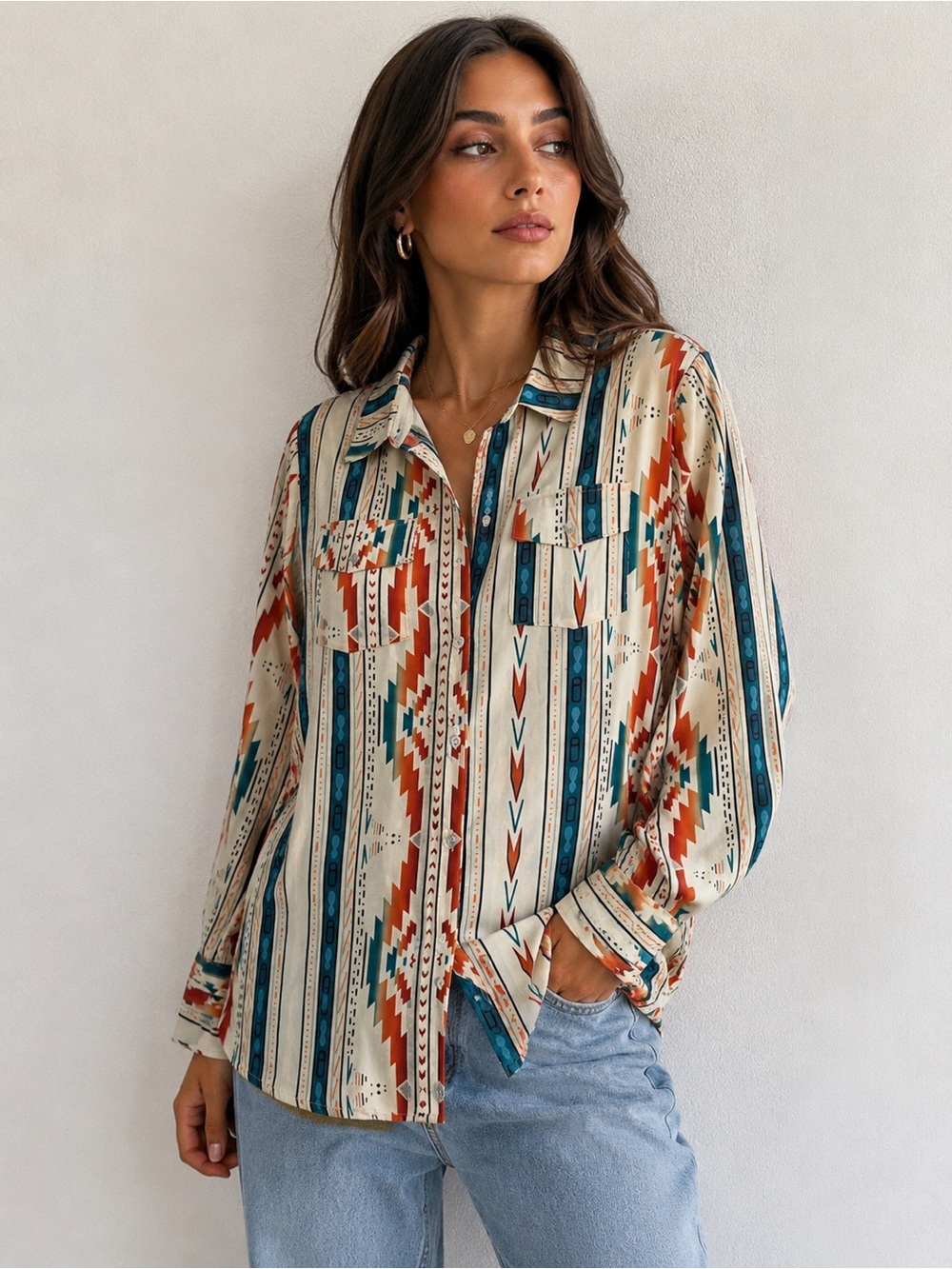MISSLOOK Cream Southwestern Button-Up Blouse with Teal & Rust Stripes